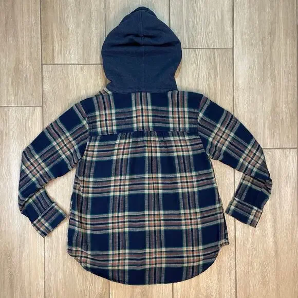 American Eagle Plaid Hooded Button Front Flannel Shirt Blue Green Women’s S - Picture 2 of 7